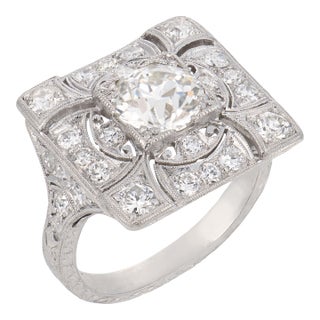 1930s Art Deco Gia 1.41 Carat Old European Cut Diamond Platinum Ring, Size 6 For Sale