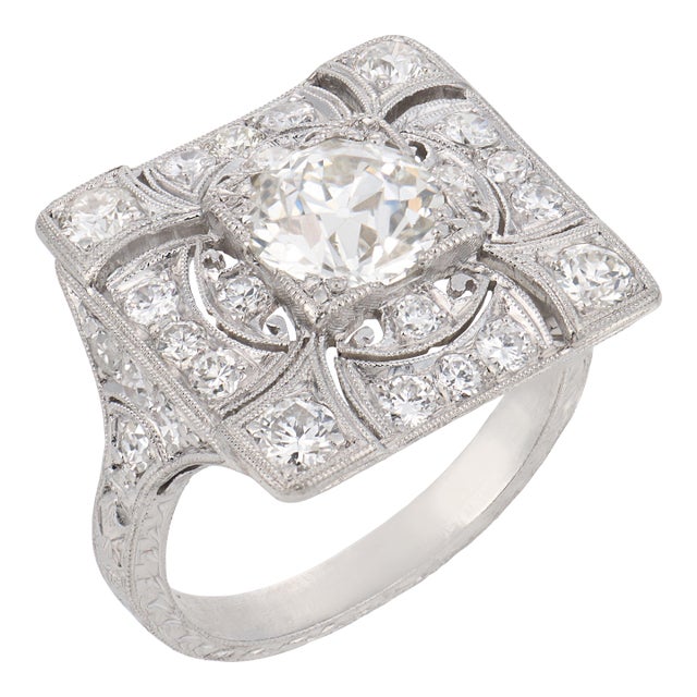 1930s Art Deco Gia 1.41 Carat Old European Cut Diamond Platinum Ring, Size 6 For Sale