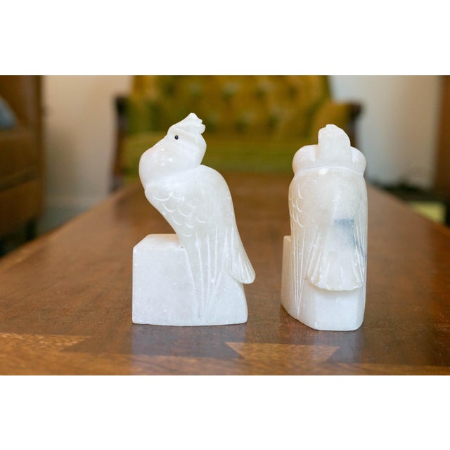 Early 21st Century Pair Italian Alabaster Cockatoo Bookends – Hand-Carved Stone – Vintage Animal Sculpture For Sale - Image 5 of 8