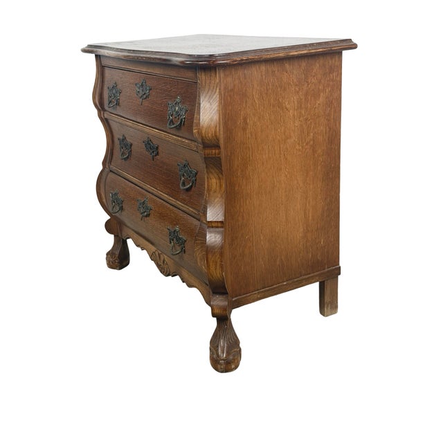 Vintage Dutch Baroque Revival Oak Bombé Three-Drawer Chest With Paw Feet For Sale - Image 11 of 18