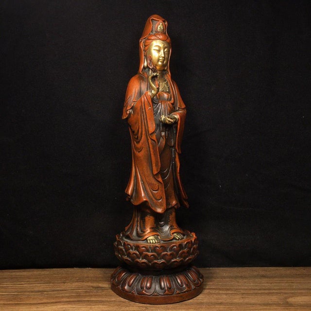 Vintage Gilded Bronze Standing Guanyin Bodhisattva on Lotus Base For Sale - Image 9 of 9