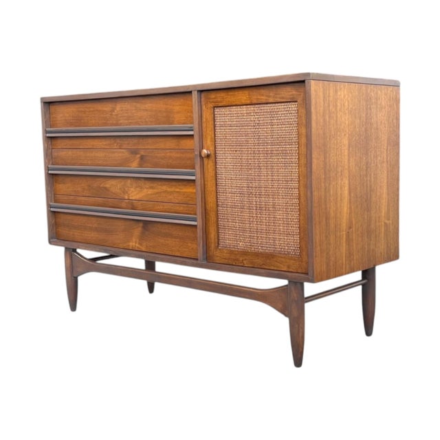 Mid-Century Modern Mid-Century Modern Walnut & Rattan Cabinet – Restored Danish Modern Credenza For Sale - Image 3 of 11