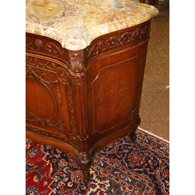 French Louis XVI Style Marble Top Burl Wood Server Dresser Commode Circa 1920 For Sale - Image 10 of 14