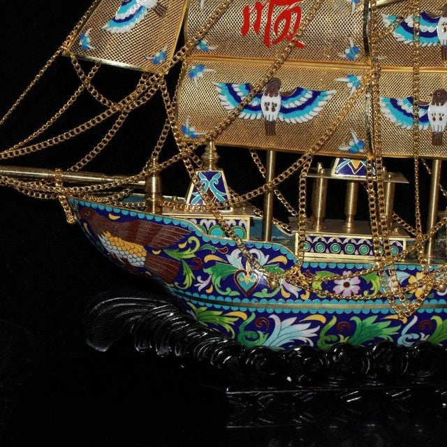 Metal Vintage Cloisonne Enamel Ship Model – 28" Gilt Sailing Boat With Box For Sale - Image 7 of 9
