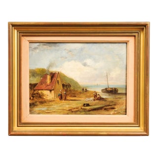 French 19th Century Framed Oil On Panel Painting Depicting a Village by the Sea For Sale