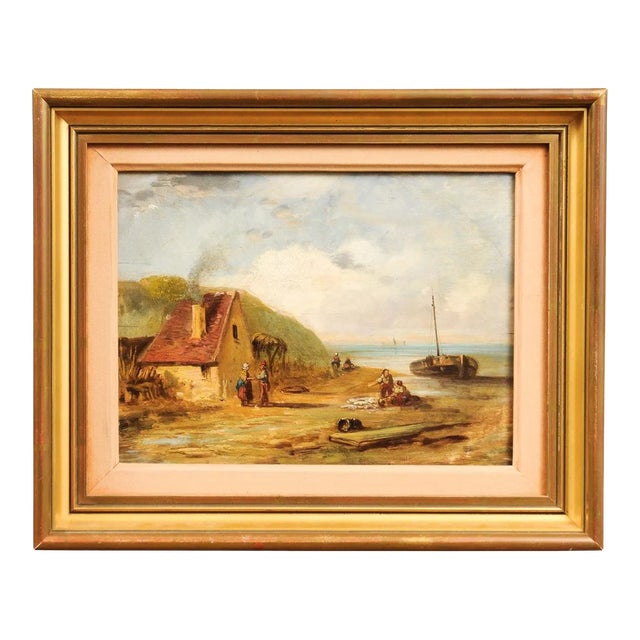 French 19th Century Framed Oil On Panel Painting Depicting a Village by the Sea For Sale