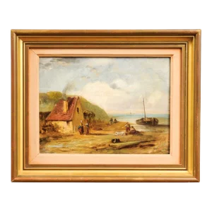 French 19th Century Framed Oil On Panel Painting Depicting a Village by the Sea