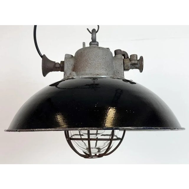 Black Industrial Black Enamel and Cast Iron Cage Pendant Light from Elektrosvit, 1960s For Sale - Image 8 of 15