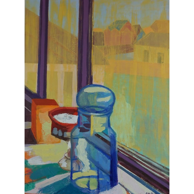 Blue Glass Jar on Windowsill Oil Painting For Sale