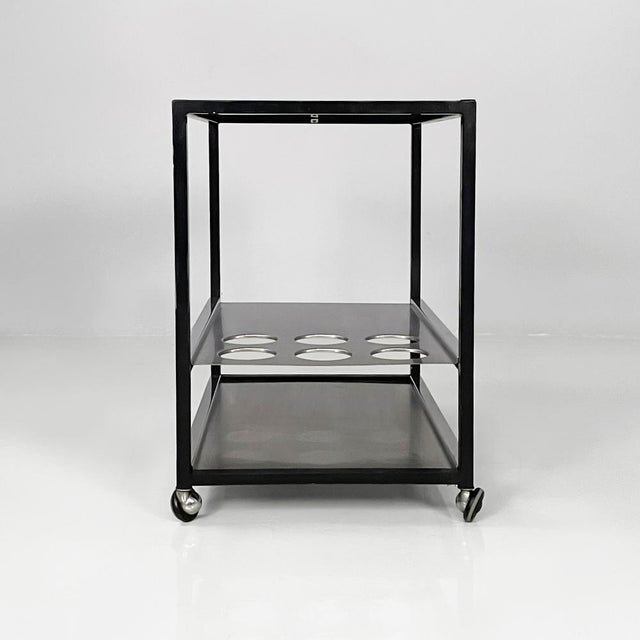 Italian Modern Cart with Bottle Holder in Steel and Black Metal, 1980s For Sale - Image 3 of 18