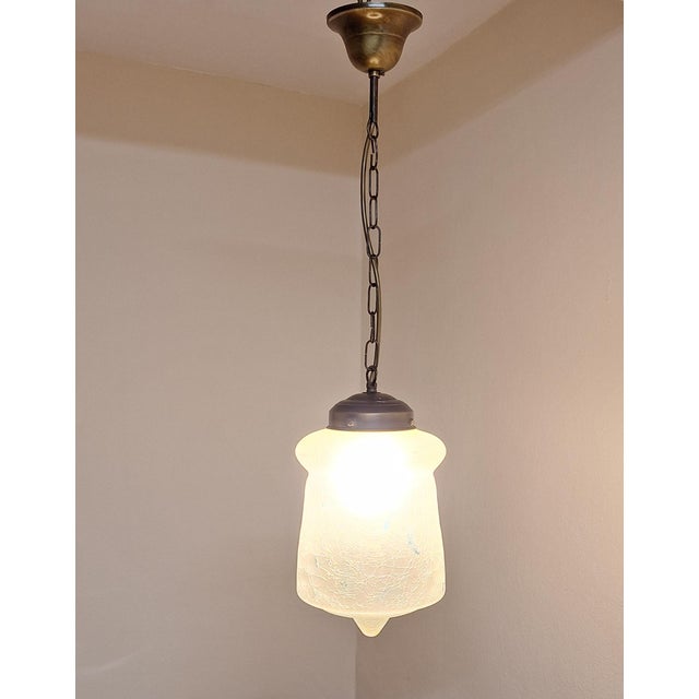 1930s Vintage Art Deco German Ceiling Lamp with Closed Ice Glass Shade with Remains of Colored Painting on Brass Mount, 1930s For Sale - Image 5 of 7