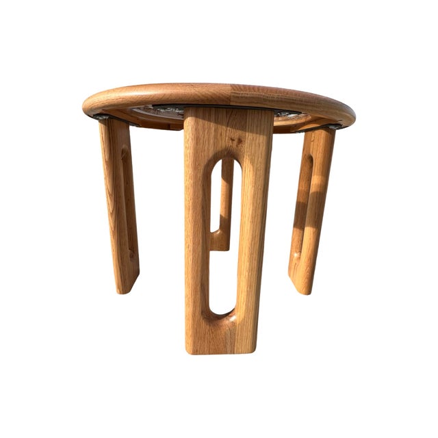 Mid-Century Modern Vintage Pair Solid Oak End Tables Glass Restored 1970s Postmodern For Sale - Image 3 of 10