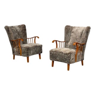 Swedish Modern, Lounge Chairs, Elm, Gray Shearling, Sweden, 1940s For Sale