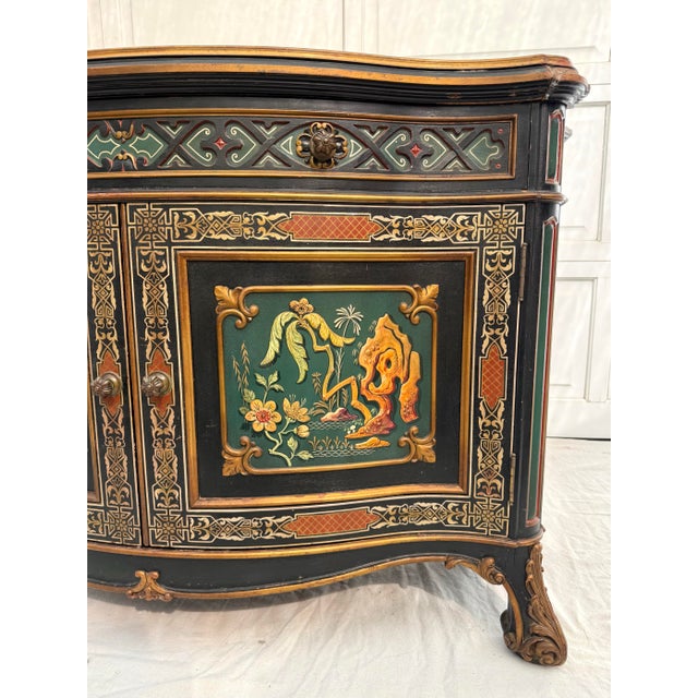 Chinoiserie Early 20th-Century European Chinoiserie Bombé Cabinet With Raised Panels and Marble Top For Sale - Image 3 of 17