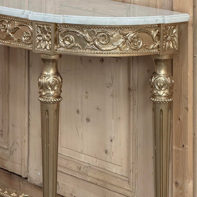 Antique French Louis XVI Giltwood Demilune Console With Carrara Marble For Sale - Image 12 of 15