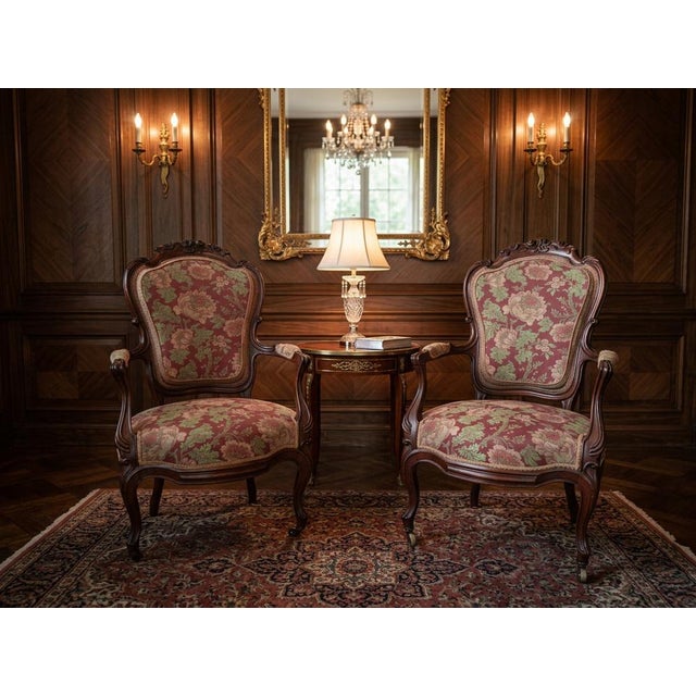 A splendid pair of vintage armchairs, authentically crafted in the 1960s, crafted from fine carved cherry wood. This set...