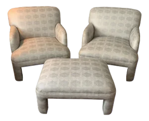 1980s Vintage Upholstered Club Chairs With Matching Ottoman - 3 Pieces