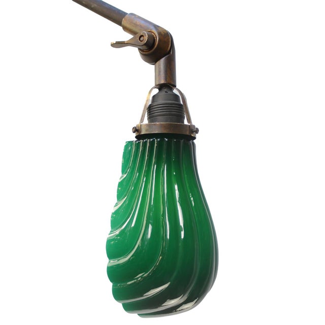 Industrial Vintage French 3-Arm Metal and Brass Wall Light with Green Glass Shell Shade For Sale - Image 3 of 7