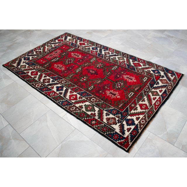 Red 1960s Authentic Turkish Rug, Red & Indigo Wool Carpet, Hand-Spun Anatolian Rug, Sustainable Antique Rug For Sale - Image 8 of 16