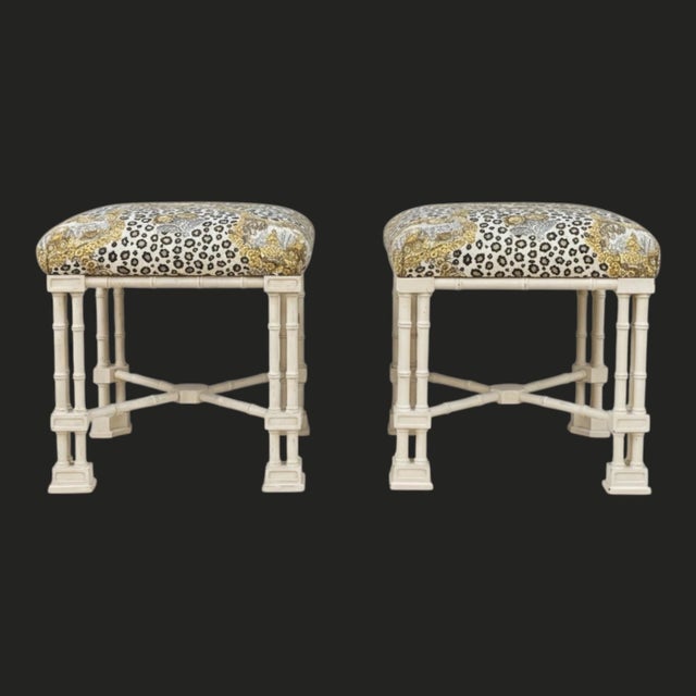 Chinoiserie Chinese Chippendale Style Ottomans W/ Brunschwig Fils Leopard Chinoiserie - Pair For Sale - Image 3 of 6