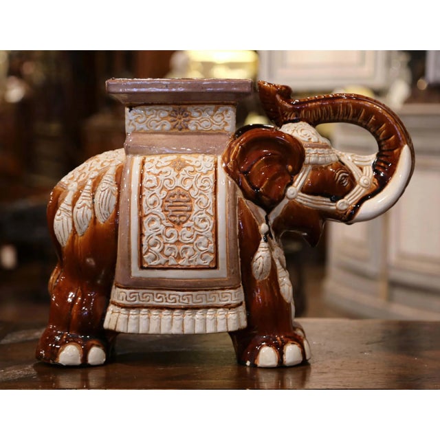 Traditional Mid-Century French Hand Painted Faience Elephant Garden Seat or Side Table For Sale - Image 3 of 9