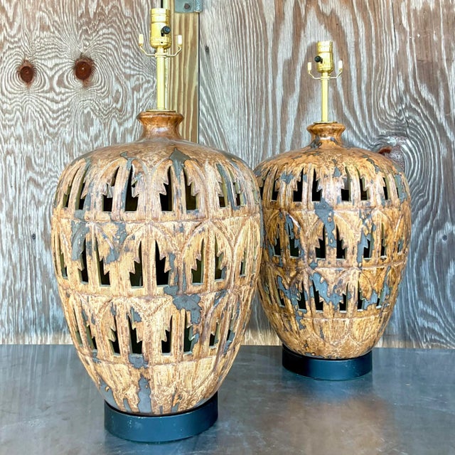 Late 20th Century Vintage Boho Punch Cut Palm Frond Ceramic Table Lamps - a Pair For Sale - Image 5 of 6