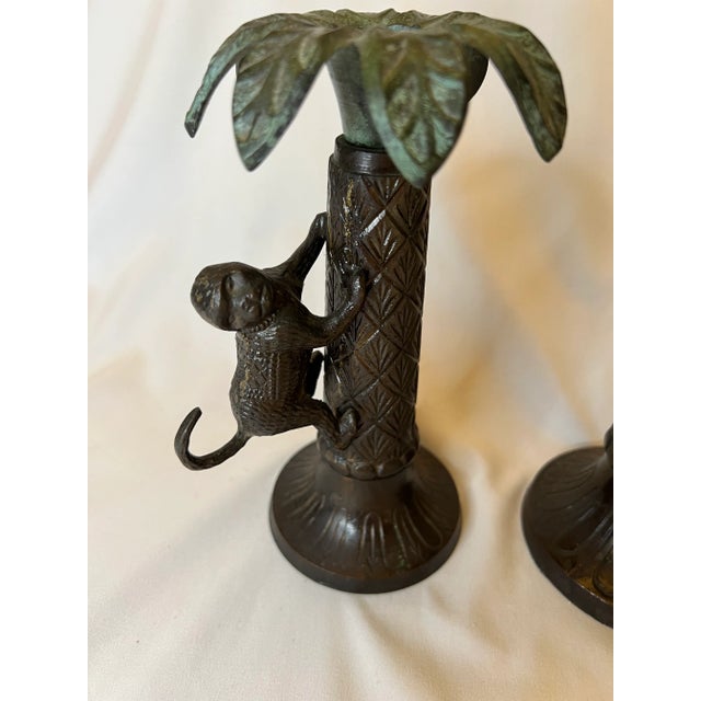 Bronze Vintage Bronze Palm Tree Candlesticks With Monkeys For Sale - Image 8 of 9