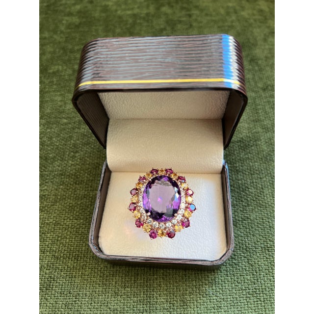 Bochic "Orient" Vintage Amethyst & Multi Gem Cocktail Ring Set 18K Gold & Silver For Sale - Image 12 of 18