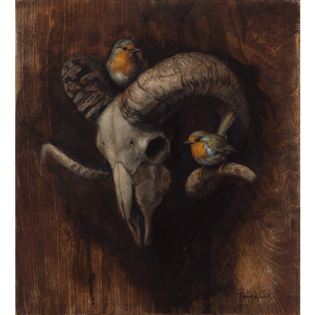 Echoes of Life presents a striking juxtaposition of a ram's skull adorned with small birds, symbolizing the cycle of life...