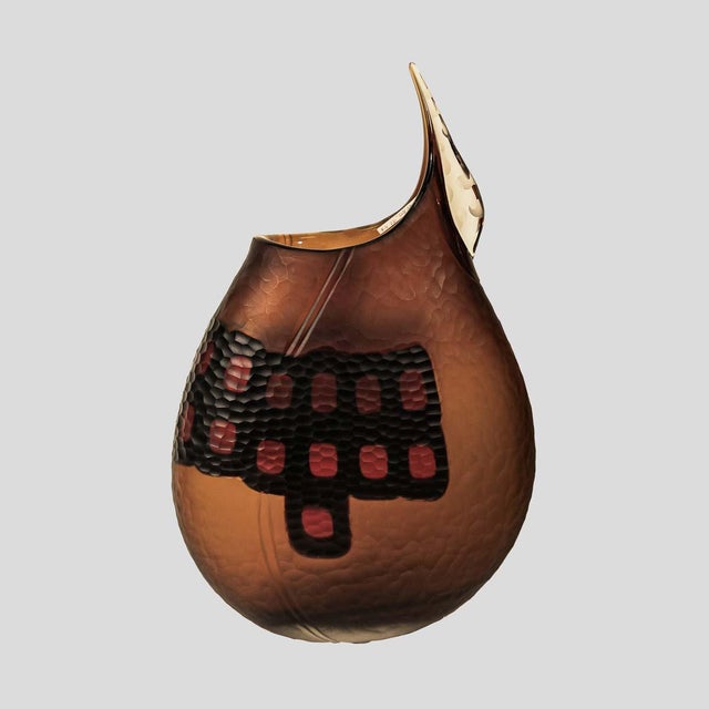 A unique blown glass vase, Fume Battuto glass with squares of black and murine motive a clear and etched tongue on the...