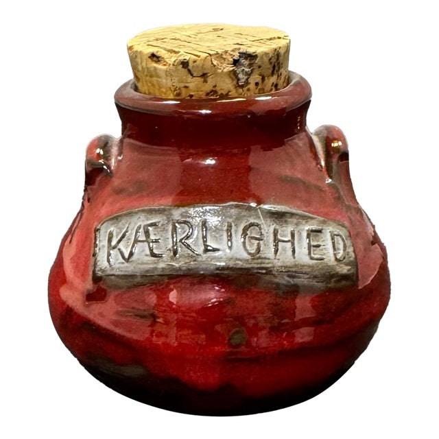 VTG Frelica Danmark Red Studio Pottery Kærlighed (Love) Jar & Cork Danish MCM For Sale