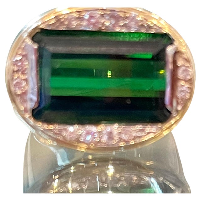 Arts & Crafts GIA Certified 11.72 Ct Green Tourmaline & Diamond Cocktail Ring 14K Yellow Gold For Sale - Image 3 of 18