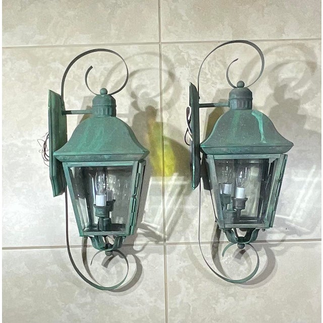 Pair of Vintage Solid Brass Outdoor Wall Lanterns - 22”h X 7”.5 W X 7”.5 D For Sale - Image 9 of 16