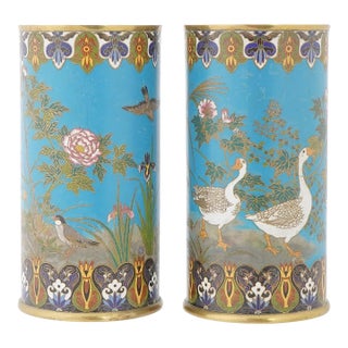 Pair of Japanese Cloisonne Enamel Ducks Birds and Floral Turquoise Grounds Vases For Sale