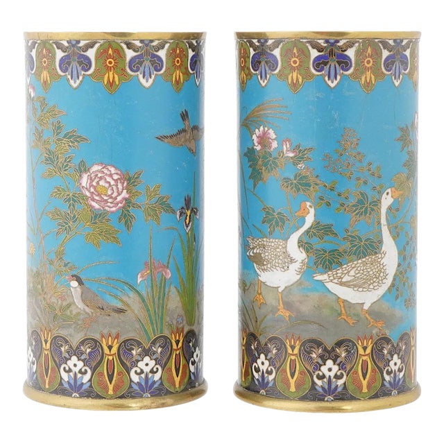 Pair of Japanese Cloisonne Enamel Ducks Birds and Floral Turquoise Grounds Vases For Sale