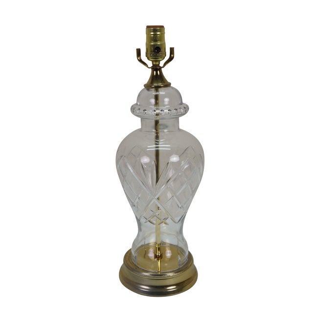 Vintage brass and cut crystal mantel vase urn table lamp. Dimensions: 6" x 18.75" / Shade - 16" x 13.75" / Total Height -...