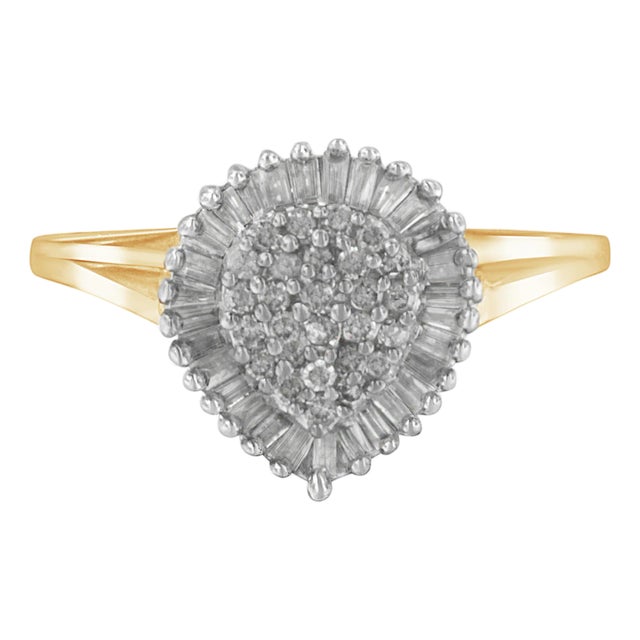 10K Yellow Gold 1/2 Cttw Round & Baguette Cut Diamond Pear Shaped Domed Pav�� Cluster with Halo Cocktail Ring (J-K Color, I1-I2 Clarity) - Size 8 For Sale