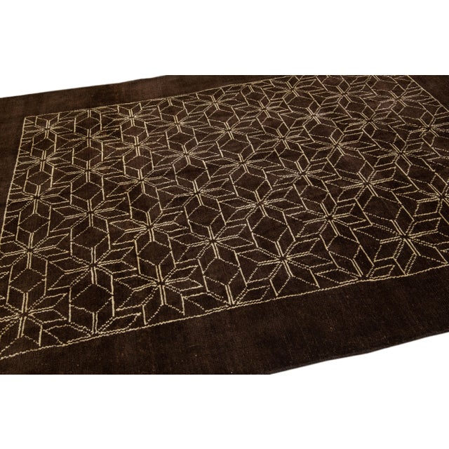 Textile Modern Moroccan Style Handmade Geometric Dark Brown Wool Rug For Sale - Image 7 of 8