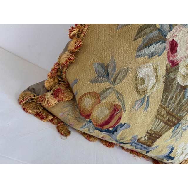 French Aubusson Style Tapestry Pillow with Silk Velvet Backing For Sale In Palm Springs - Image 6 of 15