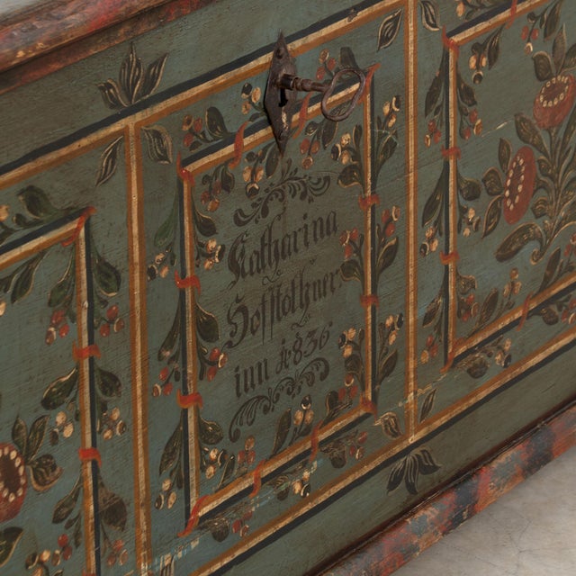 1836 Hungarian Original Hand-Painted Teal Flat Top Pine Trunk For Sale - Image 16 of 18