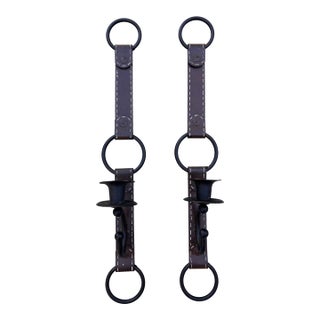 1990s Equestrian Faux Leather Metal Candle Sconces in Style of Jacques Adnet, a Pair For Sale