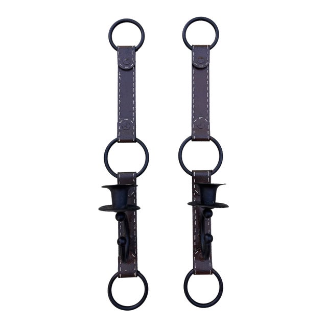 1990s Equestrian Faux Leather Metal Candle Sconces in Style of Jacques Adnet, a Pair For Sale