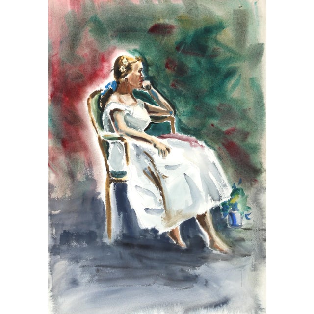 Posed in a slim wooden armchair, the woman in this Eve Nethercott watercolor rests her face against her hand while her...