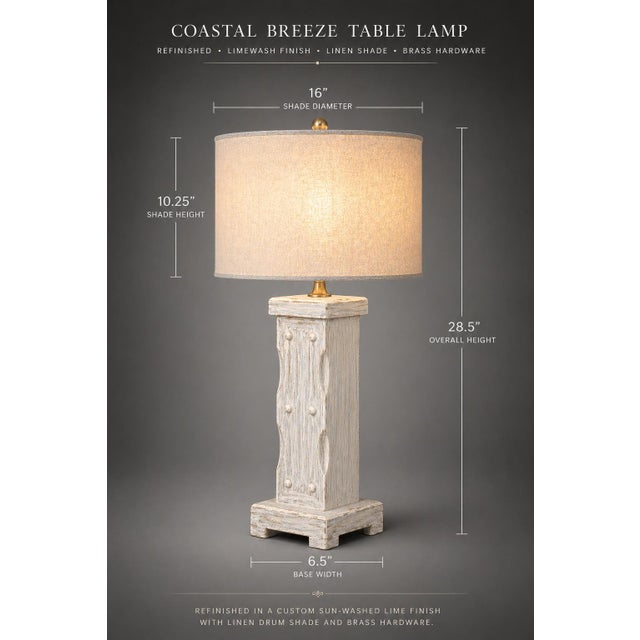 Wood 1970s Coastal Breeze Limewashed Column Table Lamps — 16” Linen Drum Shades, Brass Finials - a Pair For Sale - Image 7 of 8
