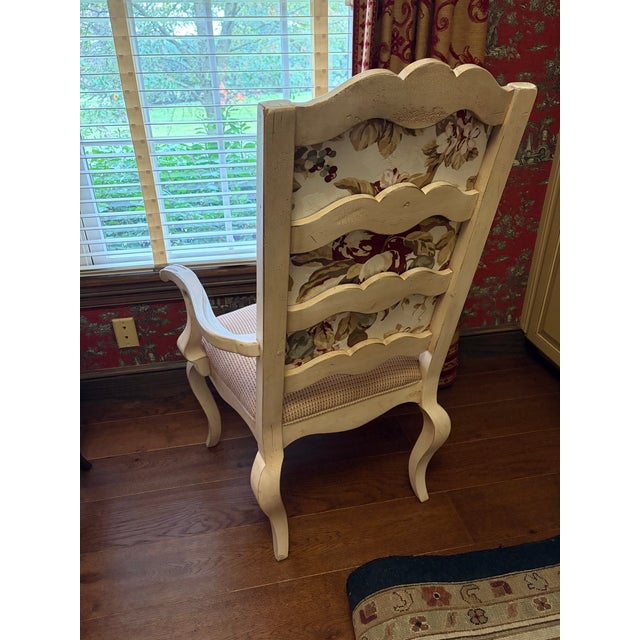 Century Furniture Ladderback Arm Accent Chair in Distressed Ivory Finish, With Custom Upholstered Contrast Fabric and Decorative Welt Details. For Sale - Image 6 of 9