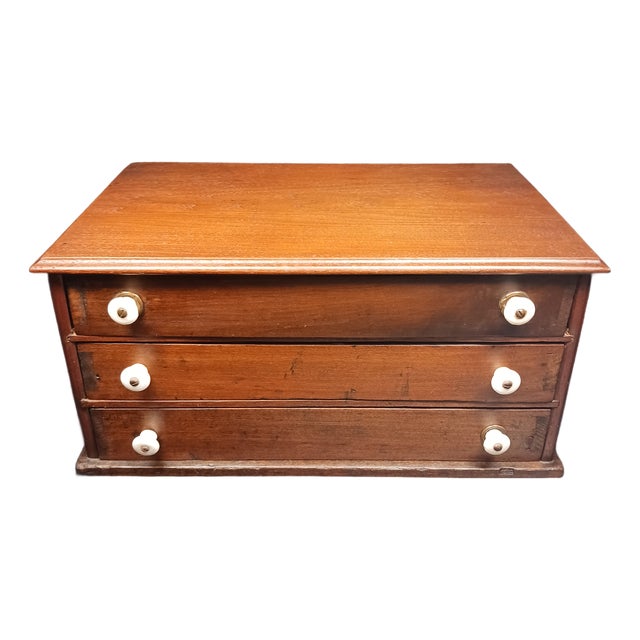 Late 20th Century 3-Drawer Table Top Spool Cabinet With Porcelain Knobs For Sale