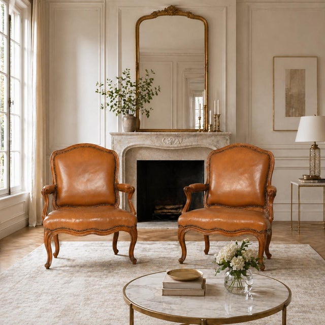 PAIR OF LOUIS XV CARVED BEECHWOOD FAUTEUILS Upholstered in an old, but not original leather covering Stamped L. CRESSON on...