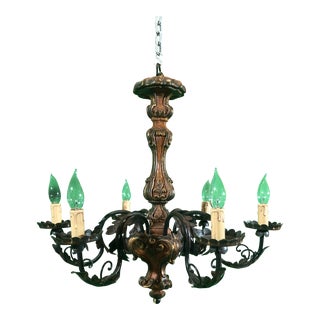 Vintage Italian Wood Carved 6 Light Chandelier For Sale