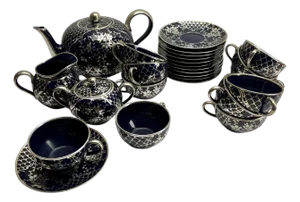 Vintage Silver Overlay and Cobalt Porcelain Tea/Coffee Set by Richard Ginori, 1950, Set of 27
