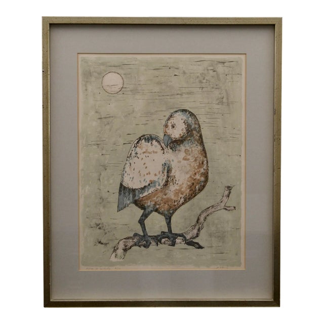 Mid Century Owl Watercolor Painting For Sale